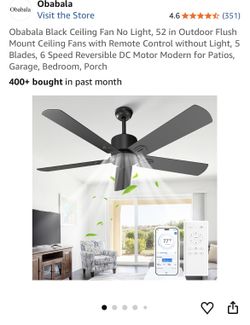 Brand New : Black Ceiling Fan No Light, 52 inch 