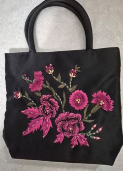 NWOT Vintage Ross-Simons Beaded Embroidered Floral Handbag Satin Evening Bag Black