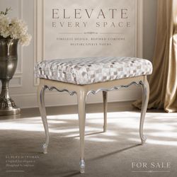 Upcycled French Provincial Ottoman Refinished Entryway Bench in Geometric Champagne Neutral Luxury Furniture