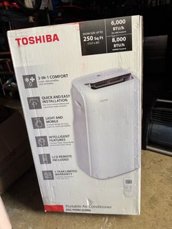 TOSHIBA 8000 BTU..NEW IN THE BOX…. With remote. 3-IN-1 comfort cools they who madedehumidifies and ventilates $250