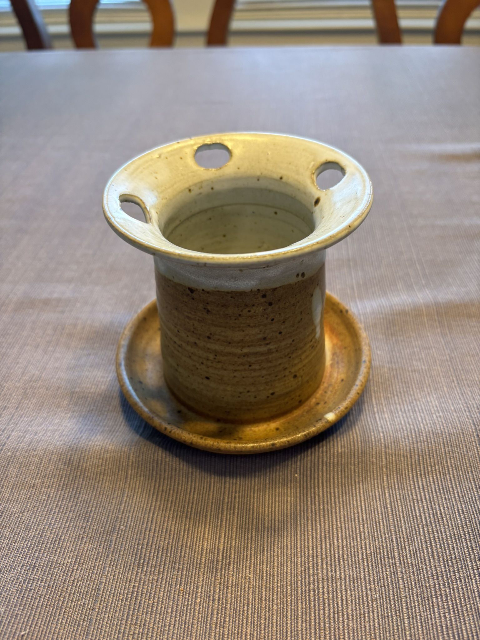 Vintage Handmade Stoneware Pottery Toothbrush Holder, new condition. 4 1/2” height and width.