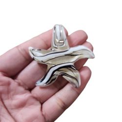 Vintage Murano Glass Starfish Lampwork Pendant White Gold Black Shimmer 2"