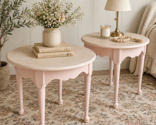 Vintage Ethan Allen Queen Anne Heirloom End Tables | Rosewater Pink Finish + Raw Whitewashed Tops
