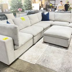 Thomasville 7 Pc Grey Fabric Sectional With Ottoman 