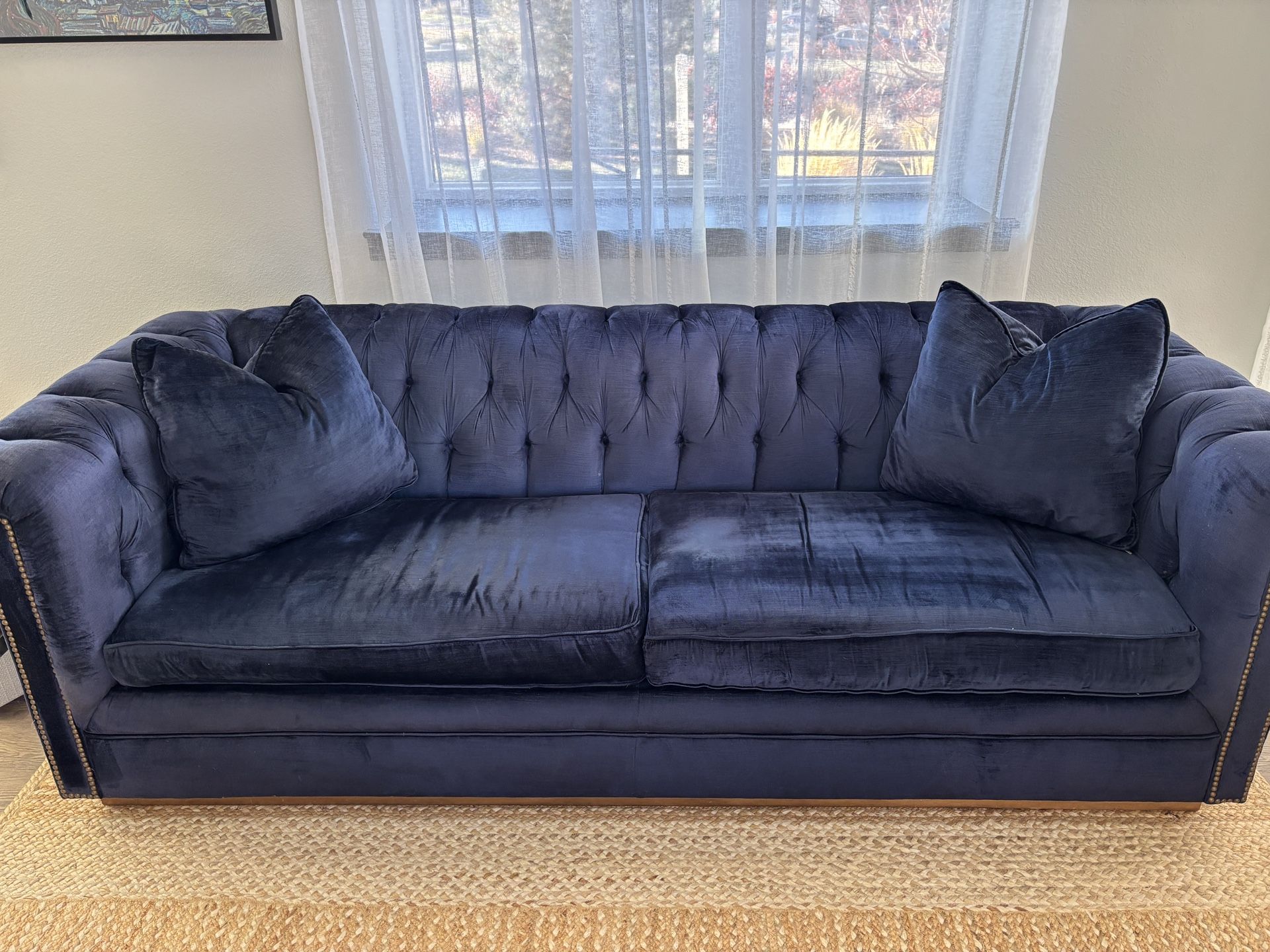 Blue Velvet Designer Couch with two pillows