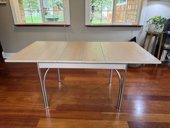 Midcentury Modern Hardwood Oak Dining Table Chrome Legs Drop Leaf