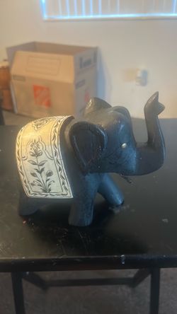 Vtg Hand Carved Danish Design Wooden Trunk Up Elephant Inlaid Stone Tiles 6" H