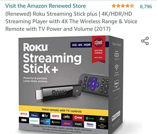 Roku Streaming Stick plus | 4K/HDR/HD Streaming Player with 4X The Wireless Range & Voice Remote with TV Power and Volume

