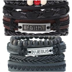 2 x Set Adjust. Size up to 9.5inc Leather Bracelet, (Faith-I__Jesus)