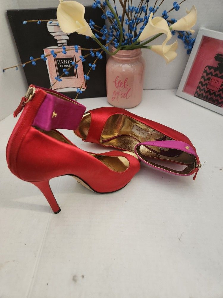 Kate Spade New York Vero Cuoio Red & Pink Peep Toe Heels Sz 9B Preowned MISSING BOW