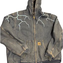 Vtg Carhartt Blanket Lined Blue Denim Hooded Jacket JB2198 2x Tall Distressed