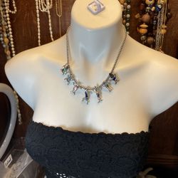 Vintage Sterling Kachina Dancers Inlaid Stone Choker Necklace 16”