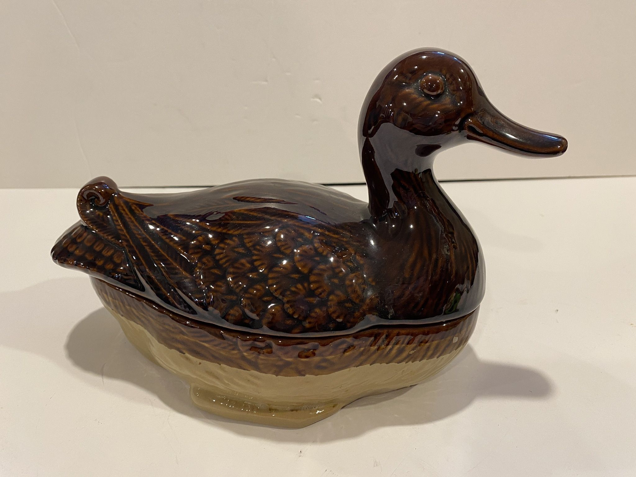 Vintage Brown Ceramic Duck Sculpture and Trinket Dish 1970’s  