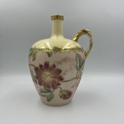 Vintage Rare Asian Gorgeous Bulbous  Hand Crafted Hand Painted Porcelain Floral Pitcher / Vase with Gold Gilt