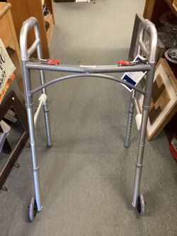 Adult Deluxe Folding Walker Two Button With 5” Wheels.