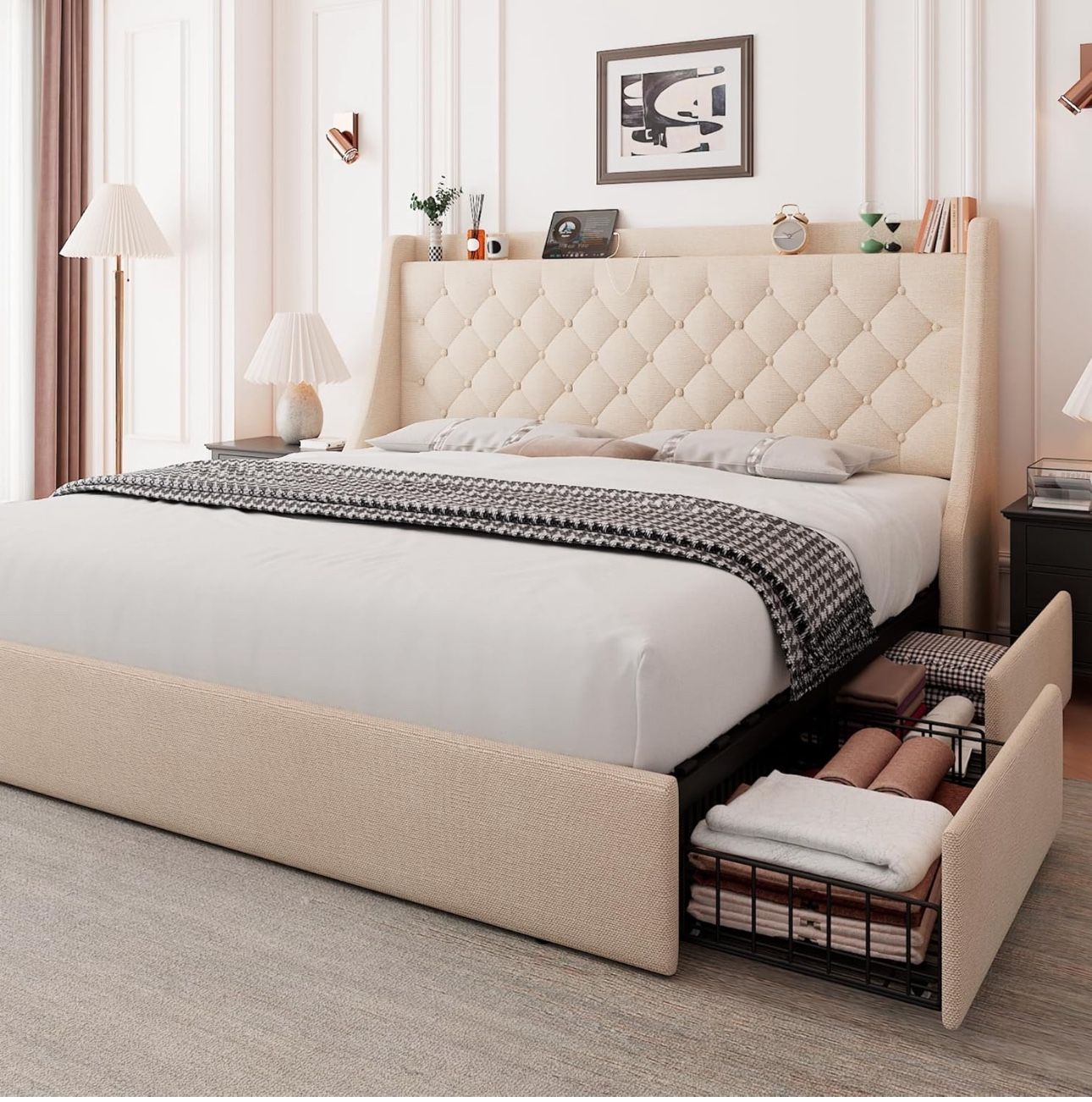 Upholstered Queen Bed Frame, Tufted Wingback 