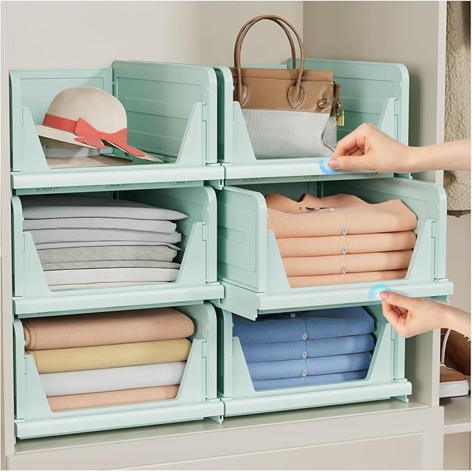 6 Pack Folding Closet Organizers Storage Box, Stackable Plastic Storage Basket, Closet Organizers and Storage Drawer Shelf Storage, Storage Container