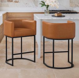 Set Of 2 LUE BONA Counter Height Bar Stools Set of 2, Modern Barrel Counter Stools with Backrest and Arms, Black Metal Frames, Faux Leather Upholstere
