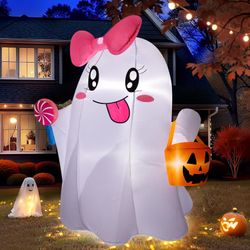 5FT Halloween Inflatables Ghost, Cute Halloween Decorations Outdoor Blow Up Yard Decorations with Built-in Bright LED Lights Pumpkin Lollipop Bow