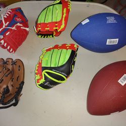 Footballs And Kids baseball Gloves