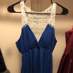 Sushiflower Dark Deep Blue Dress with White Lace Crotchet and built in padding. Unknown size but long. Cute for beach or over bathing suit 