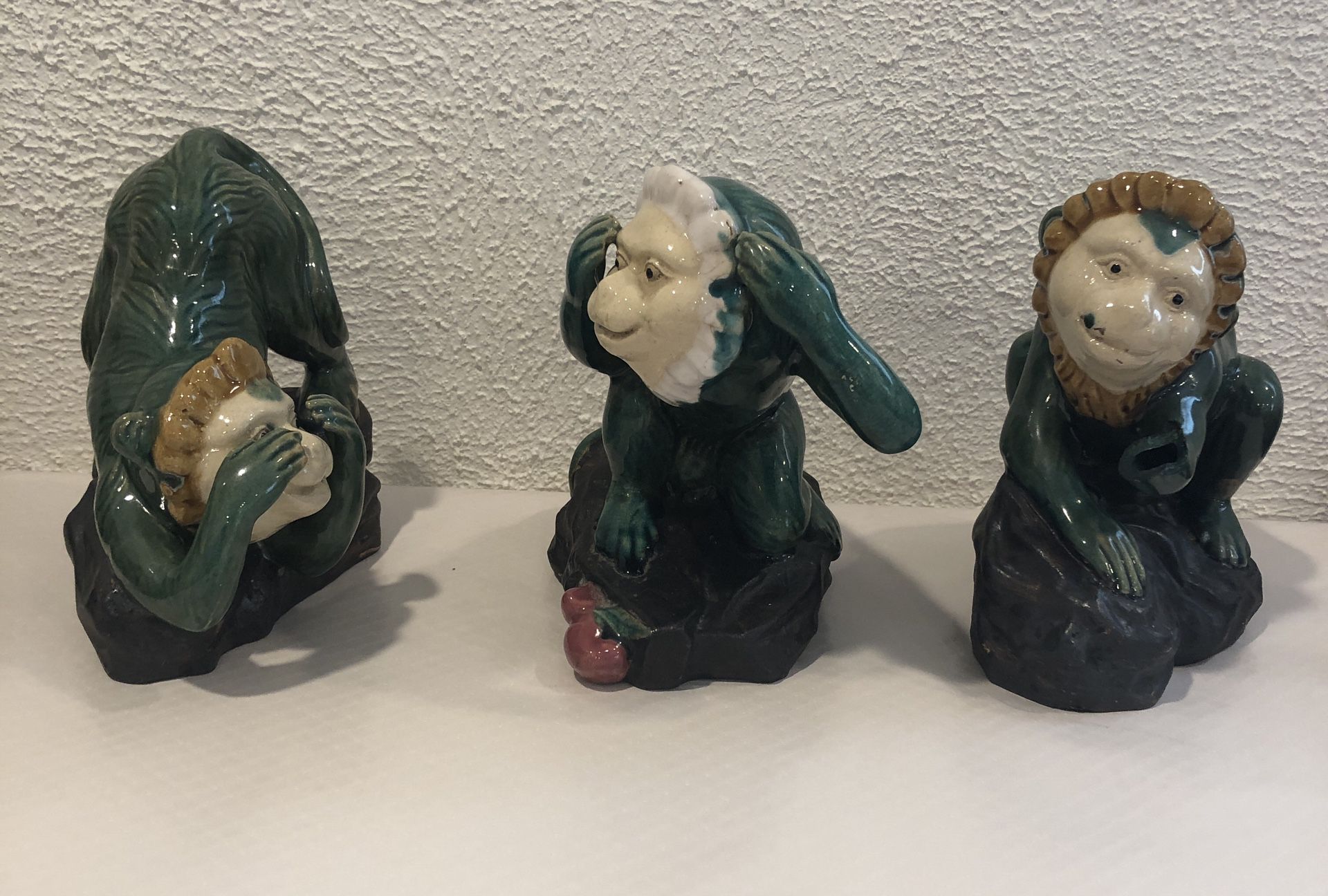 A Collection Of 3  Vintage Ceramic Monkeys , See No Evil , Hear No Evil , Speak No Evil 9” Tall And 7” W
