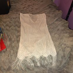 Women Tassel Bikini Cover-Ups See-Through Hollow-Out Short Sleeve Beach Knitted Tops Swimwear Sunscreen Blouse