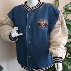 Disney Jackets & Coats | !!!Rare!!! Disney Seven Dwarfs Letterman Bomber Jeans Jacket | Color: Blue/Cream | Size: XXL 