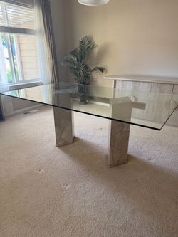 PEACEFUL Dining Table - Travertine and Brass Pedestal Bases - glass top - 1970s postmodern