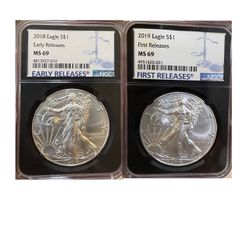 Two SILVER EAGLES 🦅 2018&19 MS69 EARLY & FIRST RELEASES SILVER DOLLARS 