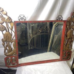Large Ornate Antique Chinese, Unique Wood Framed Mirror 1927