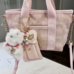 Juicy Couture Blush Pink Mini Tote Bag with Keychains & Coin purse NEW