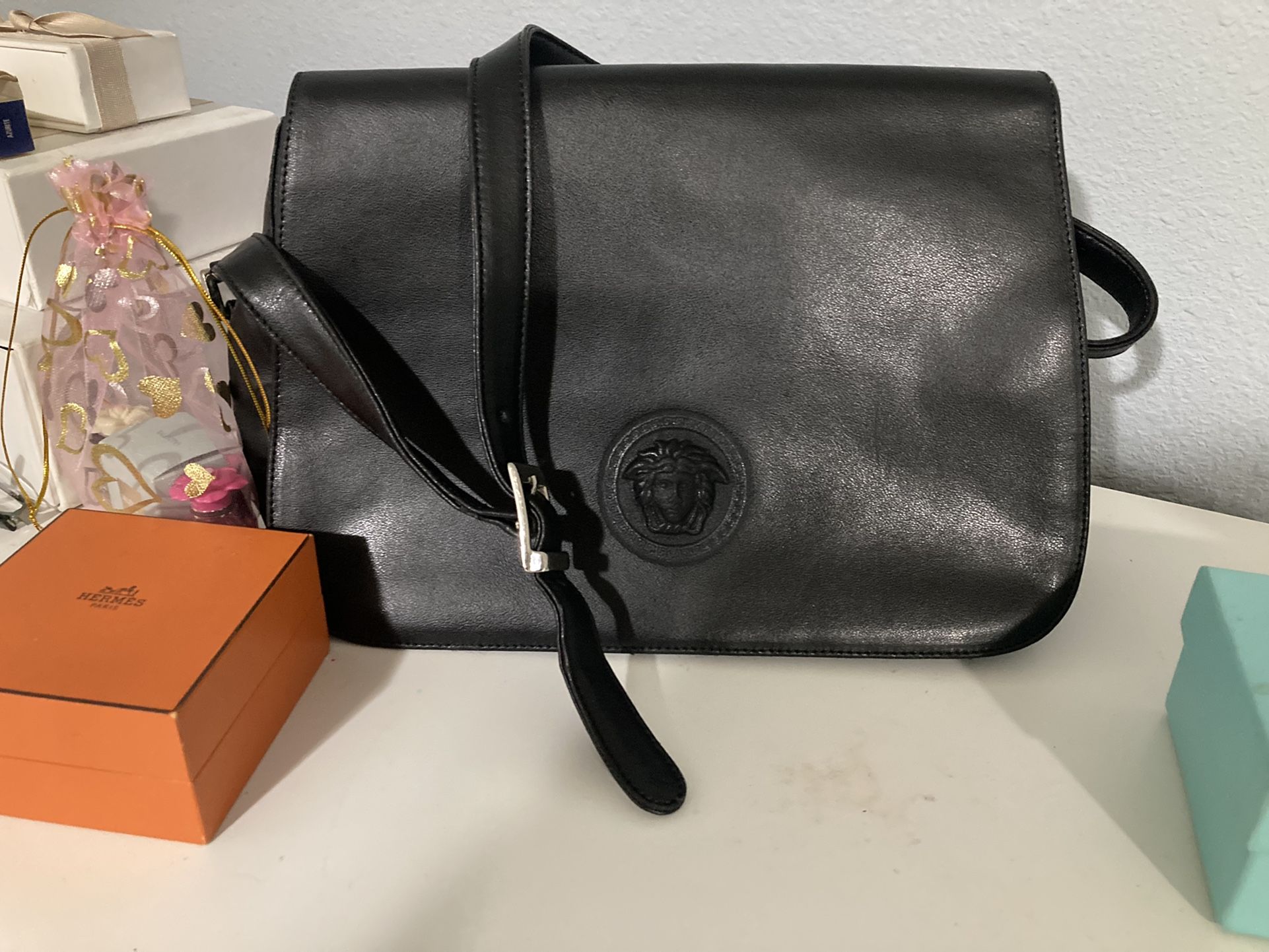 Vintage Black Leather Bag Gianni Versace 