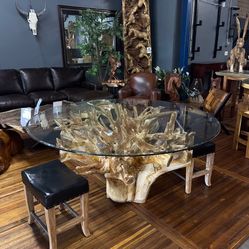 Teak Root Dining Table w Round Glass Top