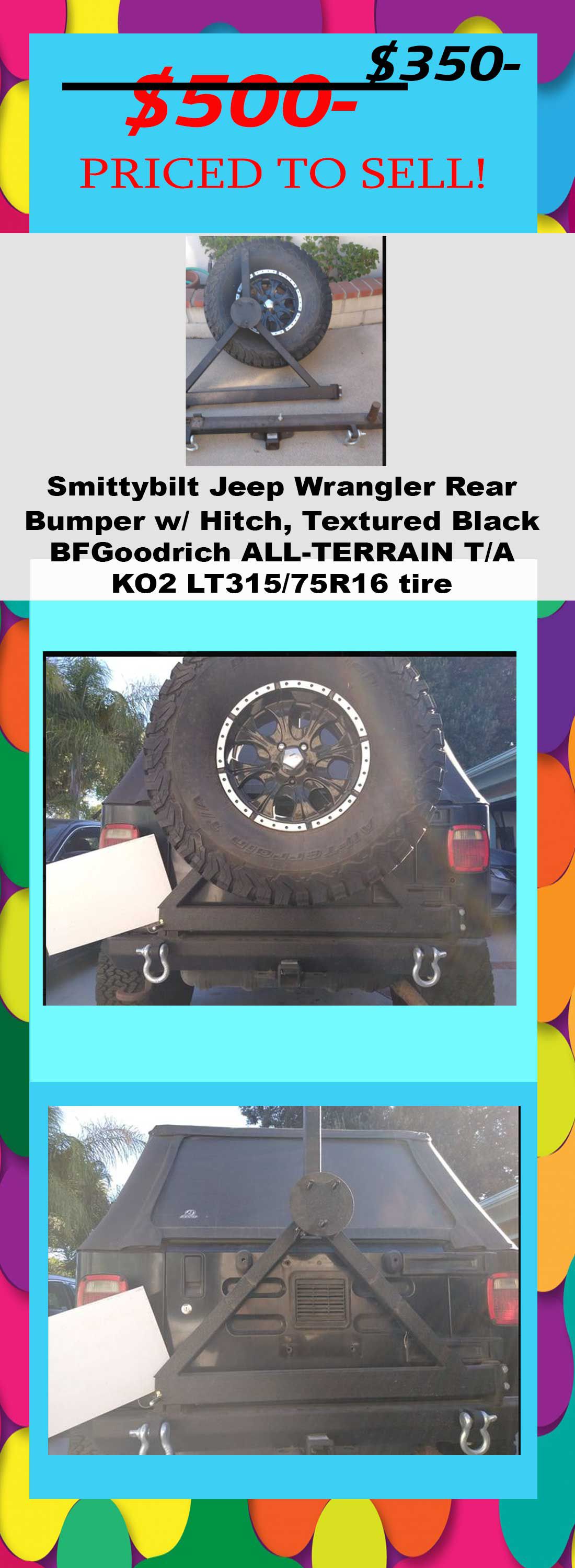 Smittybilt Jeep Wrangler Rear Bumper w/ Hitch, Textured BlackBFGoodrich ALL-TERRAIN T/A KO2 LT315/75R16 tire