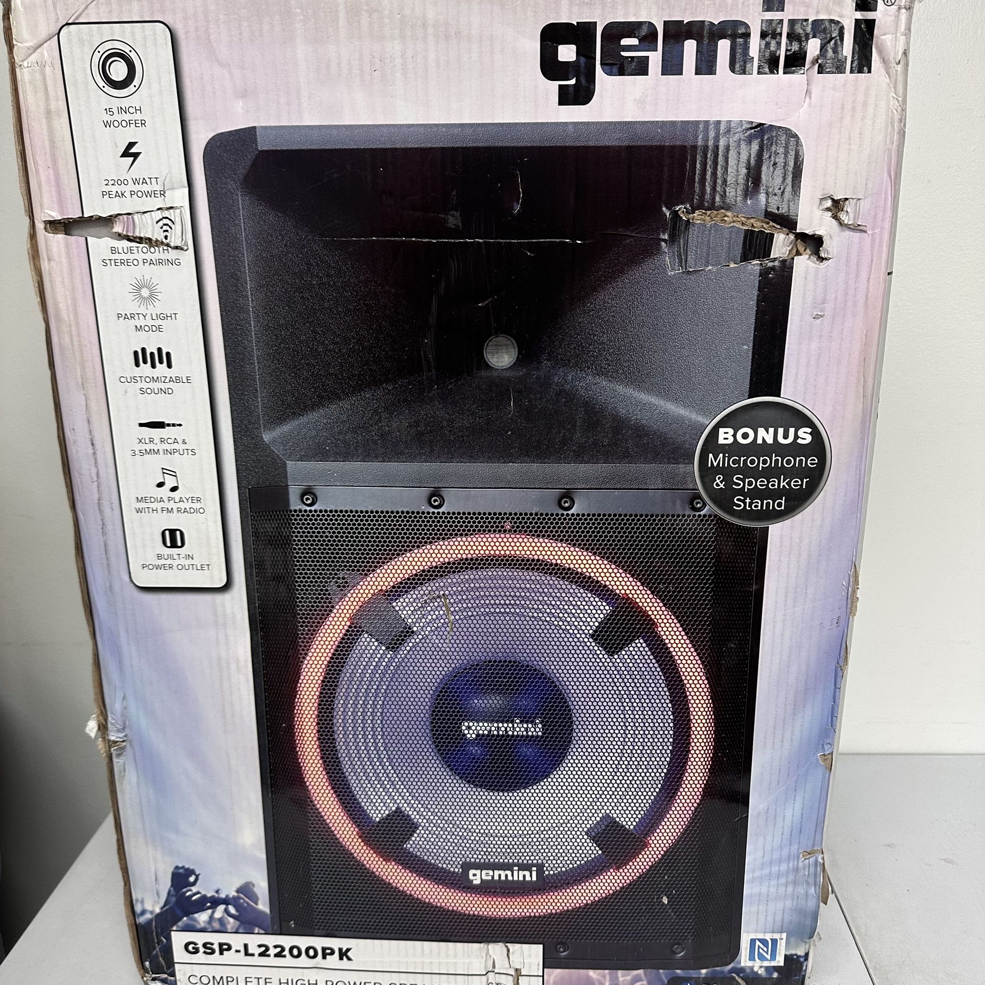 Gemini Sound GSP-L2200PK 2200W Bluetooth PA Speaker System, 15" Woofer, TWS, LED Party Lights, Mic+Stand, DJ/Events Ready