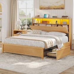 Wood Bed Frame Full Size with 4 Storage Drawers & Bookcase Headboard, Led Wooden Queen Bed Frame with Charging Station,No Box Spring Needed,Wood