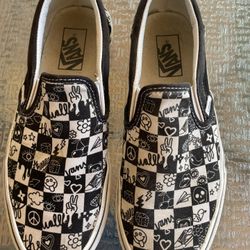 Vans Classic Doodle Checkered Slip-on 'Black White'  SZ W 8.5 M 7