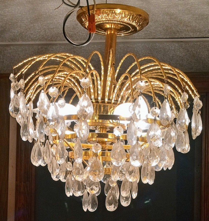 Luminaire Gold Metal Crystal Waterfall Chandelier Vintage MCM Hollywood Regency