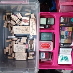 Bunches Of Clear And Wood Handled Stamps And Bunches Of Inkpads Of All Colors