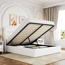 Full Size Lift Up Hydraulic Storage Bed Frame White Modern Wingback Headboard, Hydraulic Support Storage, No Box Spring Needed