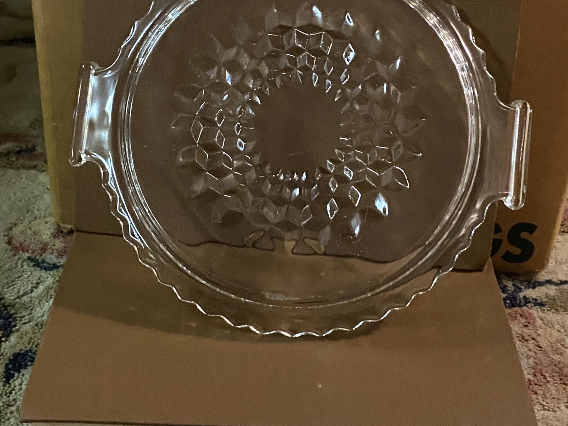 Vintage Jeanette Small Glass Etched Cube Clear Serving Platter: