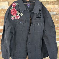 Oversized Black Jean Jacket With Rose Flower Sequins New