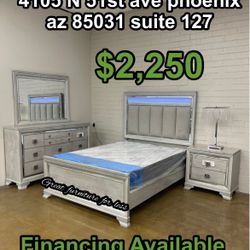 Queen Size Led Bedroom Set Grey Include Bed Frame Dresser Mirror Nigstand   Pillow Top Mattress And Boxspring Brand New