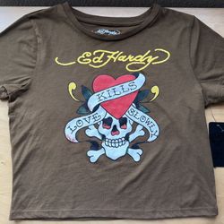 Y2K Ed Hardy Love Kills Slowly Crop Top Baby Tee Brown Graphic Skull Heart Large