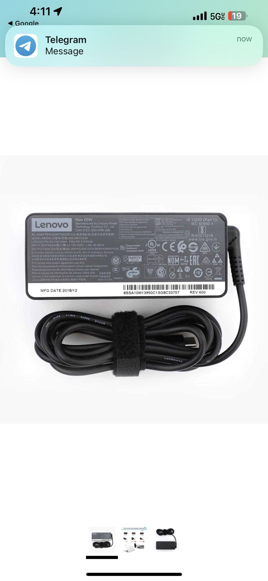 Laptop Charger 65W watt USB Type C(USB-C) AC Power Adapter for Lenovo ThinkPad 