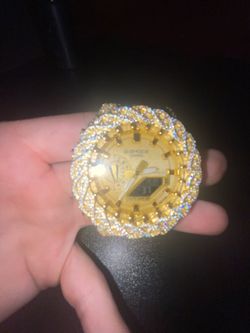 bustdown Gshock GA2100 gold face moissanite bezel