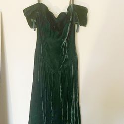 Vtg Patra Dark Green Velvet Off-the-Shoulder Dress