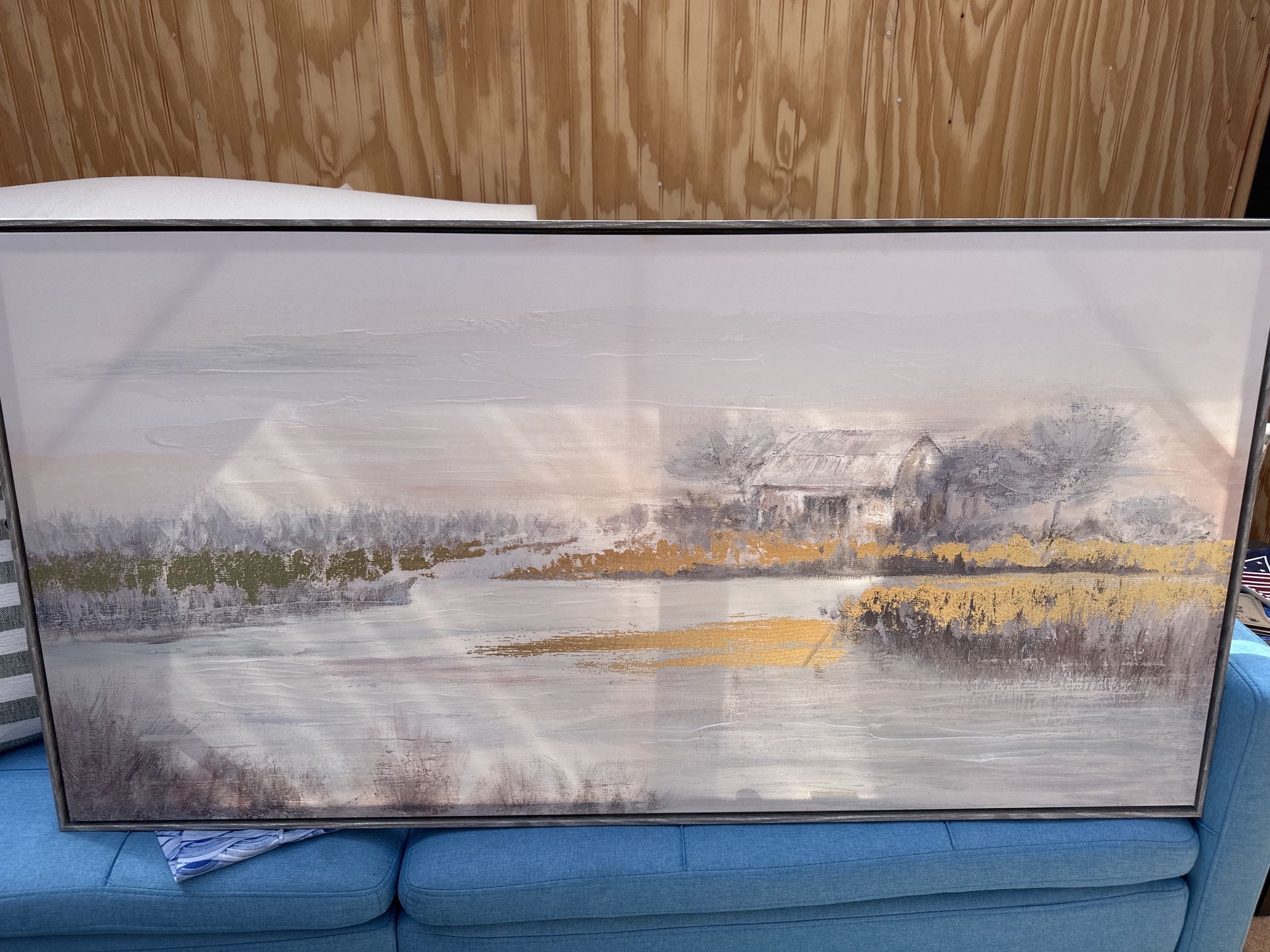 🍁Textured Landscape Canvas Painting with Frame – Modern Farmhouse Wall Art. Large size 49 in x 25in