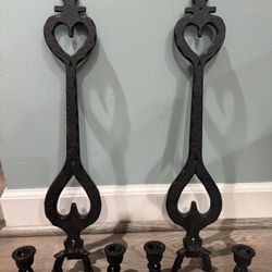 PAIR VTG CAST IRON ROBERT EMIG #1291 GOTHIC DBL CANDLE HOLDER 20" WALL SCONCE